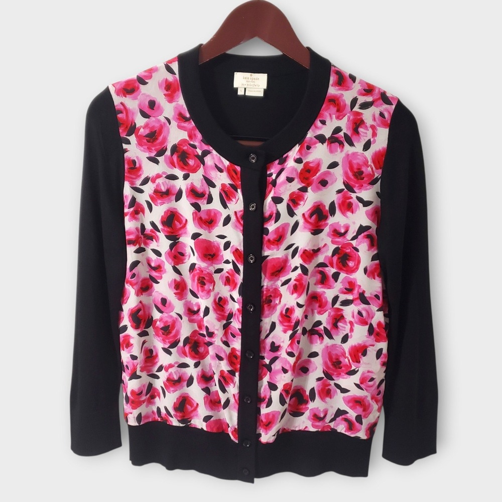 Kate Spade Silk Panel Floral Rose Lightweight Cardigan Sweater Black Pink Small